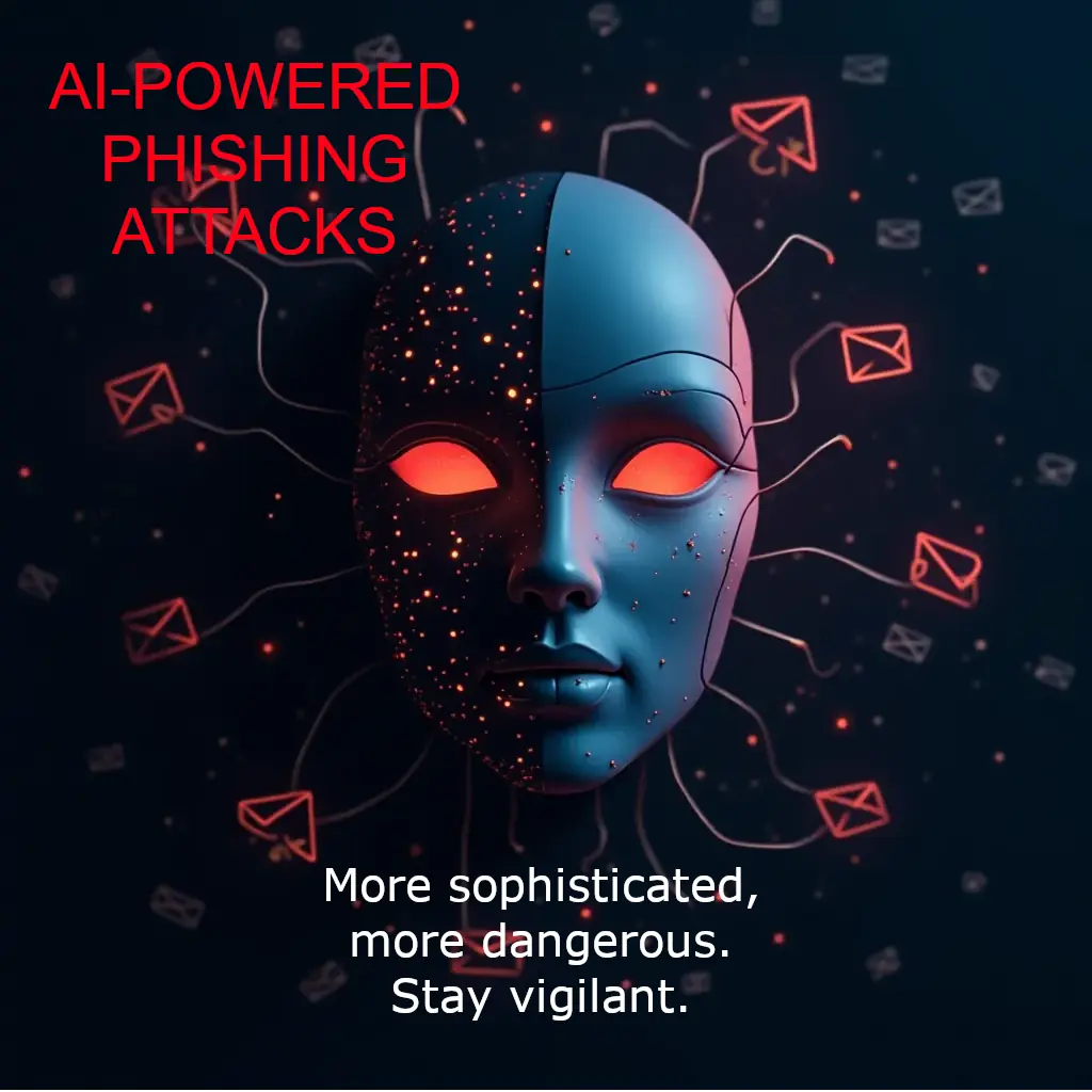 AI-Powered-Phishing-Attacks An abstract digital face, half human-like and half robotic, glowing red eyes with lines extending outward, connecting to envelope icons, symbolizing email communications. The text reads 'AI-Powered Phishing Attacks' in red, highlighting the sophisticated and dangerous nature of modern phishing threats. A warning below says 'More sophisticated, more dangerous. Stay vigilant.'
