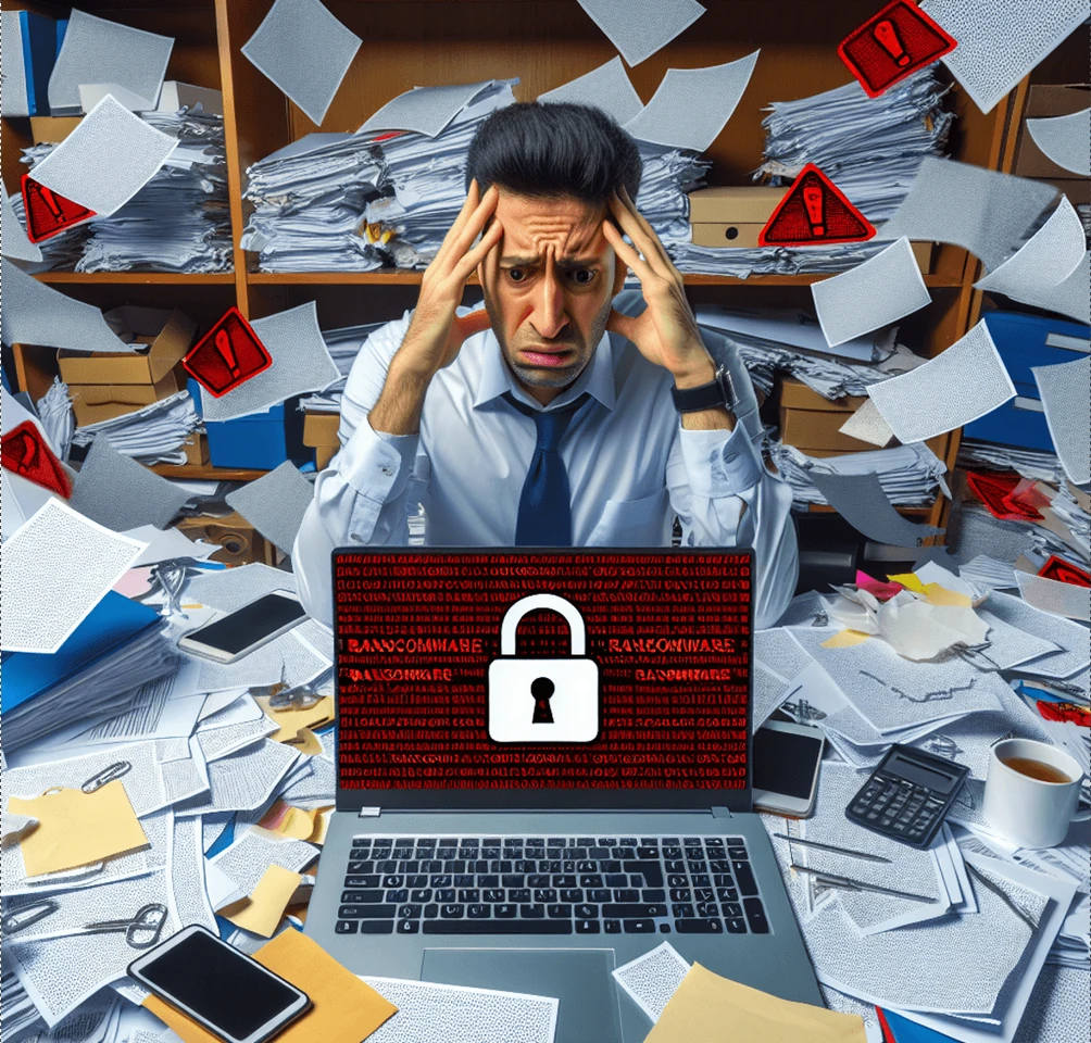 A stressed businessman in a cluttered office, surrounded by disorganized papers and red warning signs, facing a ransomware threat. He looks overwhelmed while staring at a laptop displaying a ransomware lock, emphasizing the urgency of cybersecurity measures. This visual conveys the impact discussed in a comprehensive ransomware guide for individuals and businesses.
