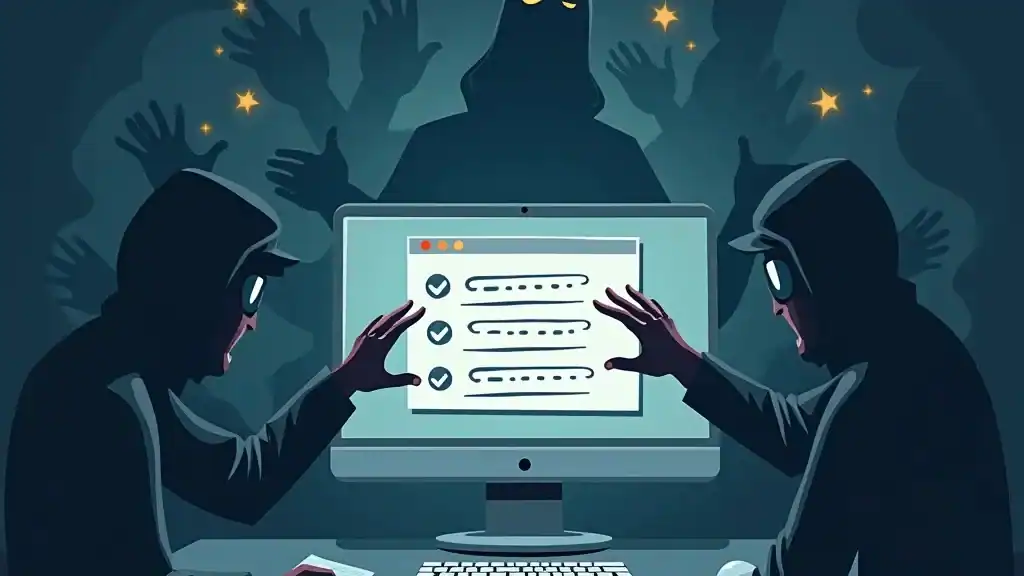 Hackers Engaged in Cyber Attack with Stolen Credentials Illustration of two hackers in dark hoodies accessing a computer with stolen credentials, surrounded by shadowy figures, representing cyber attacks, data theft, and online security breaches