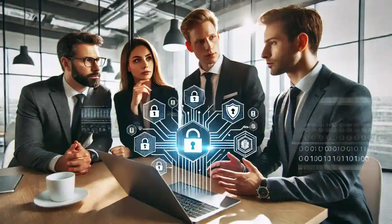 Cybersecurity Strategy Meeting in a Modern Office Setting Group of business professionals discussing cybersecurity strategy around a laptop displaying digital security icons, including padlocks and network symbols, in a modern office setting