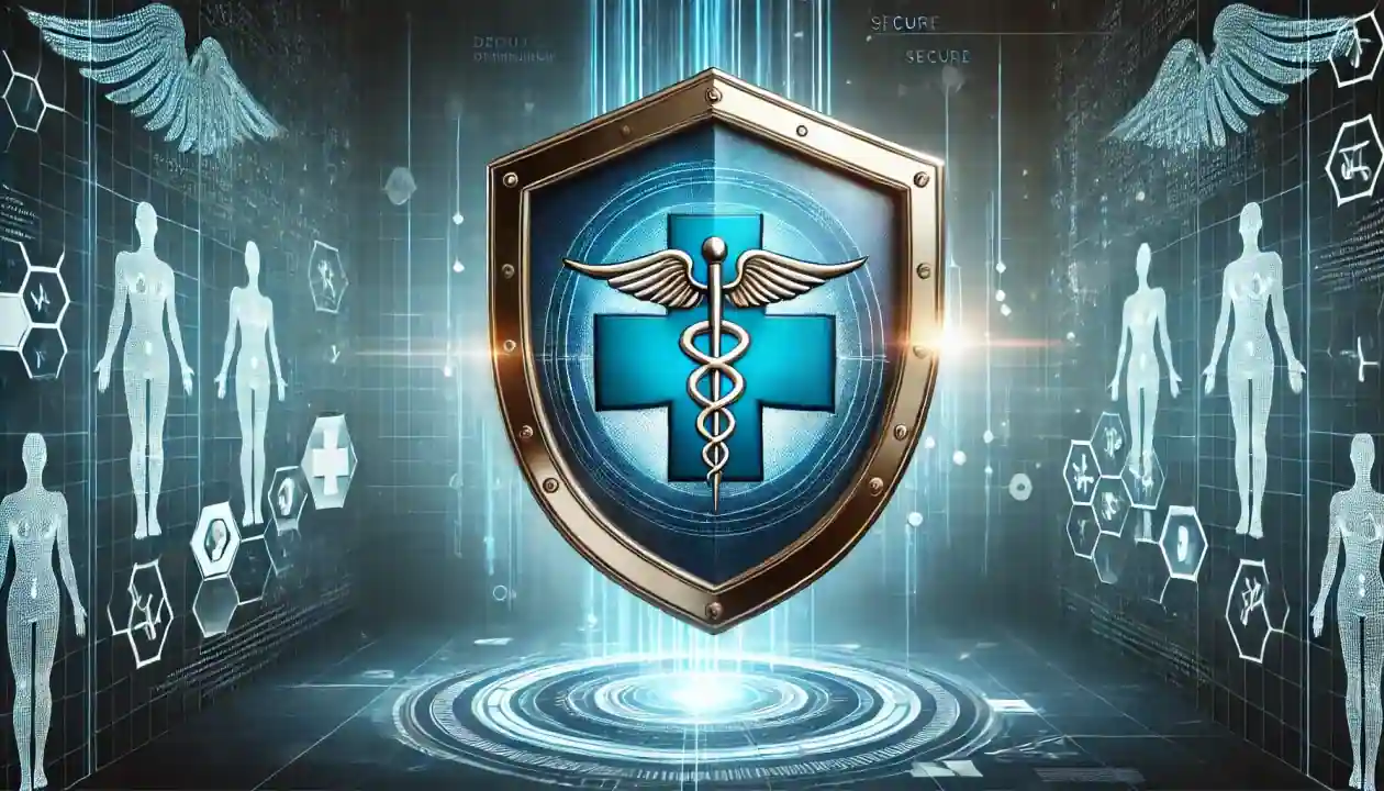 Healthcare Data Security and Protection Symbol Shield with caduceus symbol over a blue medical cross, representing healthcare cybersecurity and data protection, with a futuristic digital background featuring medical icons and human anatomy figures