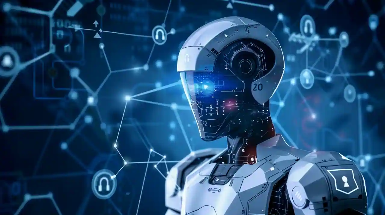 Futuristic AI Robot Concept with Digital Network Interface Futuristic AI robot with glowing blue eye, surrounded by digital network elements and cybersecurity symbols, representing advanced technology and AI in a connected digital environment
