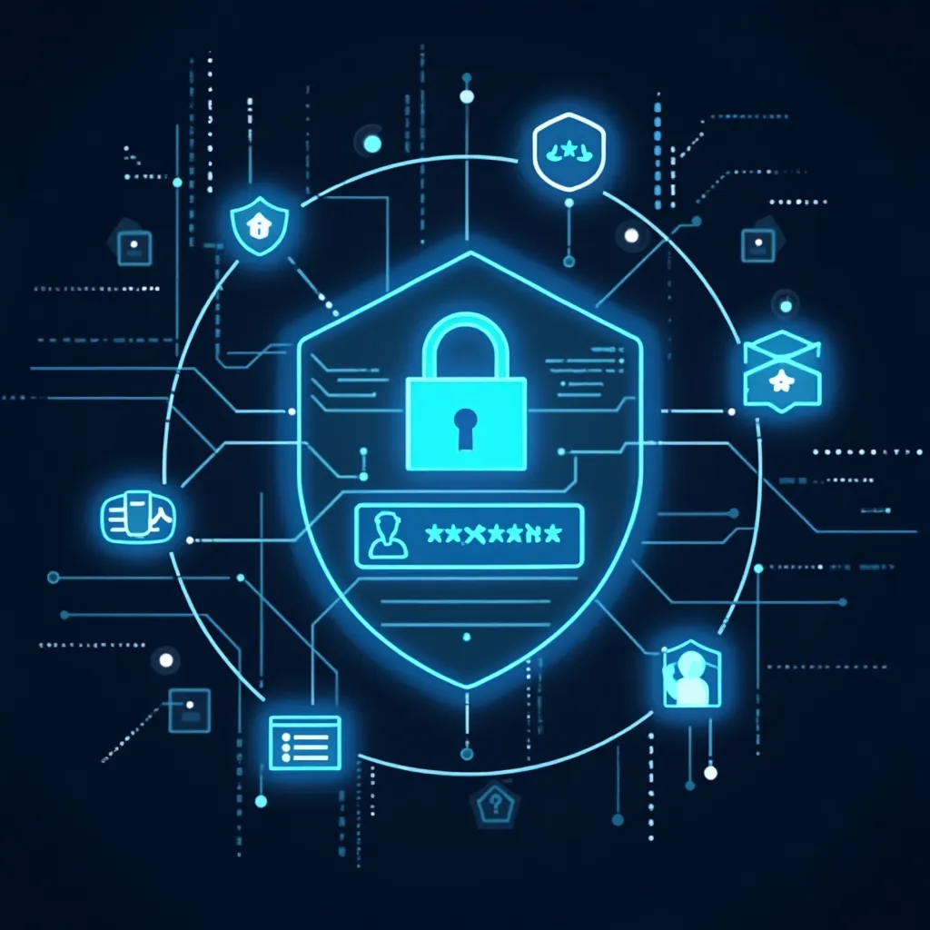 Digital representation of cybersecurity defense against hybrid password attacks, featuring a lock, password protection, and security icons symbolizing data protection and multi-layered authentication.
